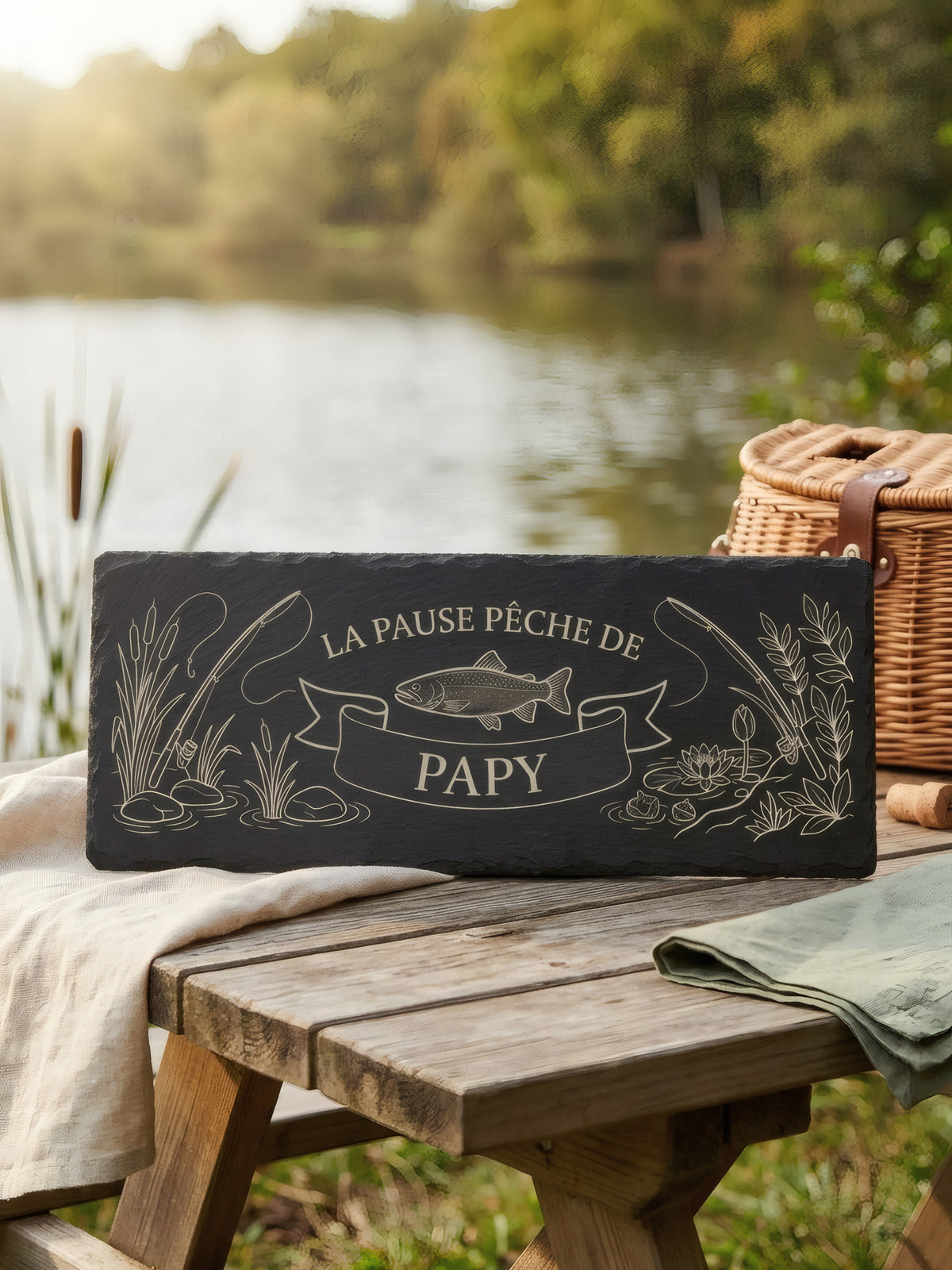Planche apéro en ardoise gravée, présentée au bord d’un lac