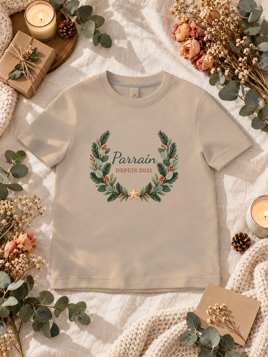 Visuel d’illustration – t-shirt sable dans une mise en situation, avec le motif une couronne de sapin et « Parrain depuis 2021 » (exemple d’année)