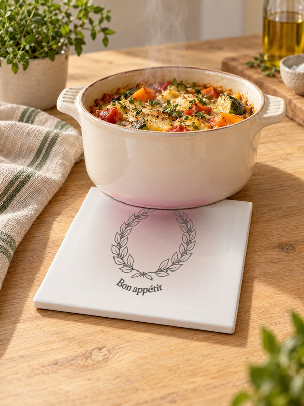 Visuel d’illustration – dessous de plat en céramique sur une table en bois clair sous un plat en céramique, gravé d’une couronne de laurier et « Bon appétit » (exemple)