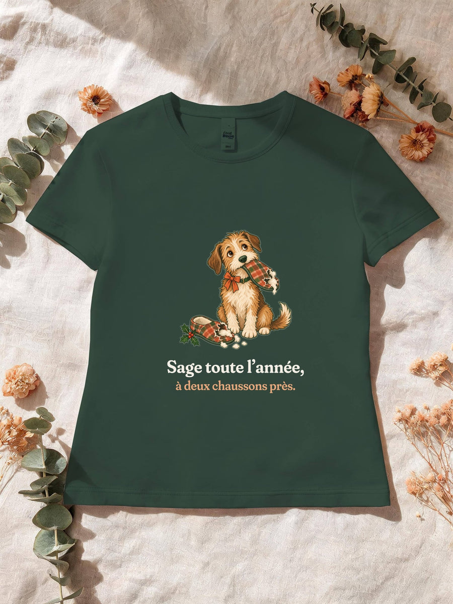 Visuel d’illustration – T-shirt femme vert forêt avec le motif de Noël : un chien assis, un chausson dans la gueule, et la phrase « Sage toute l’année, à deux chaussons près. »