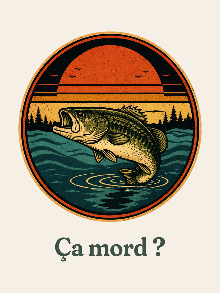 Visuel d’illustration – gros plan du motif : un poisson qui saute hors de l’eau devant un soleil couchant et des sapins, dans un médaillon rond et « Ça mord ? »