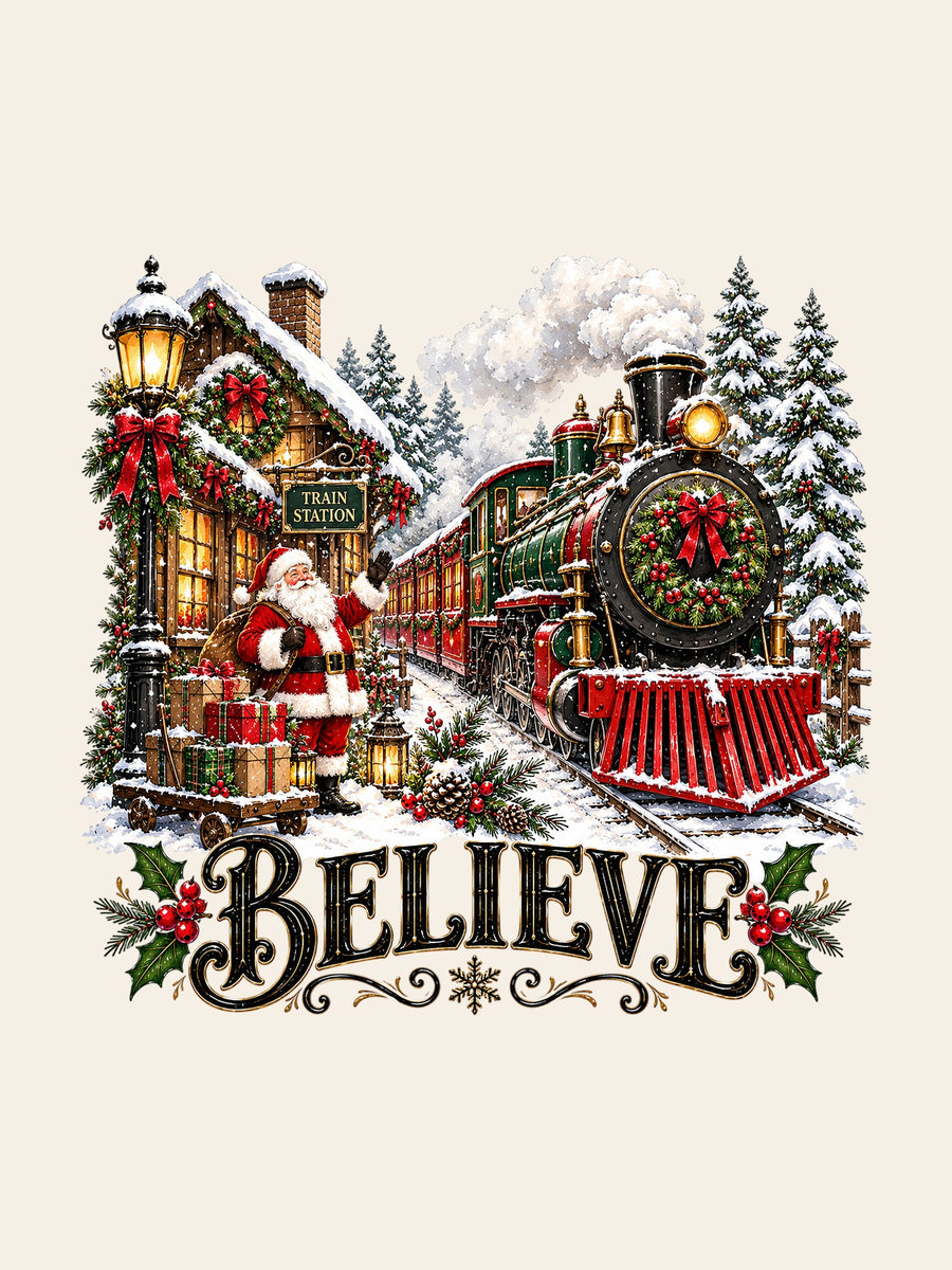 Visuel d’illustration – gros plan du motif : le Père Noël et le train à vapeur devant la gare enneigée, « Believe »