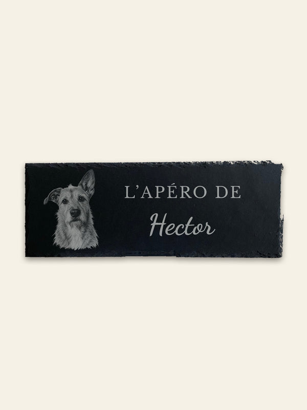 Planche apéro en ardoise gravée du portrait d'un chien, de L'APÉRO DE et du prénom Hector