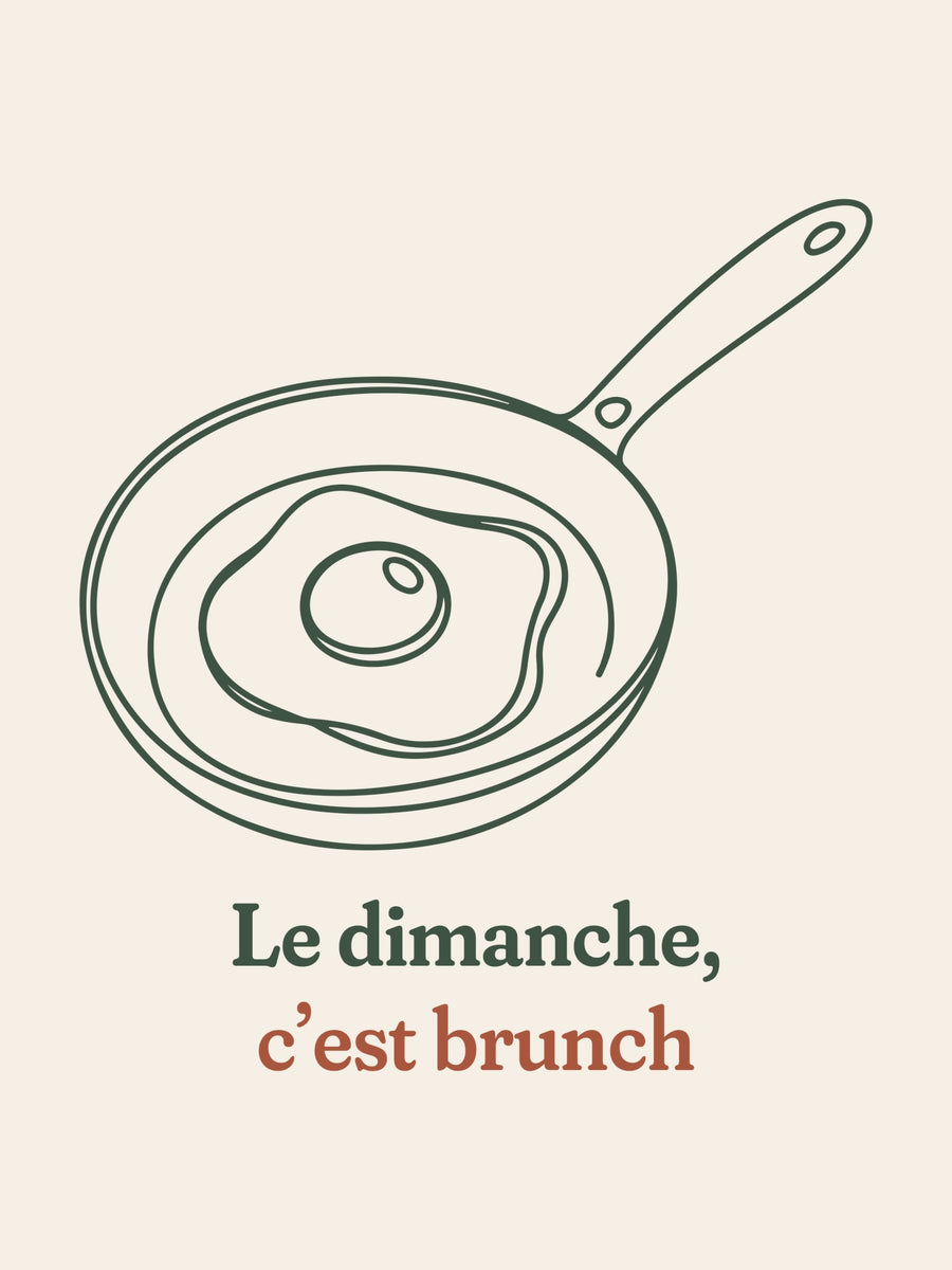 Visuel d’illustration – gros plan du motif : un œuf au plat dans une poêle, dessiné d’un seul trait continu et « Le dimanche, c’est brunch »