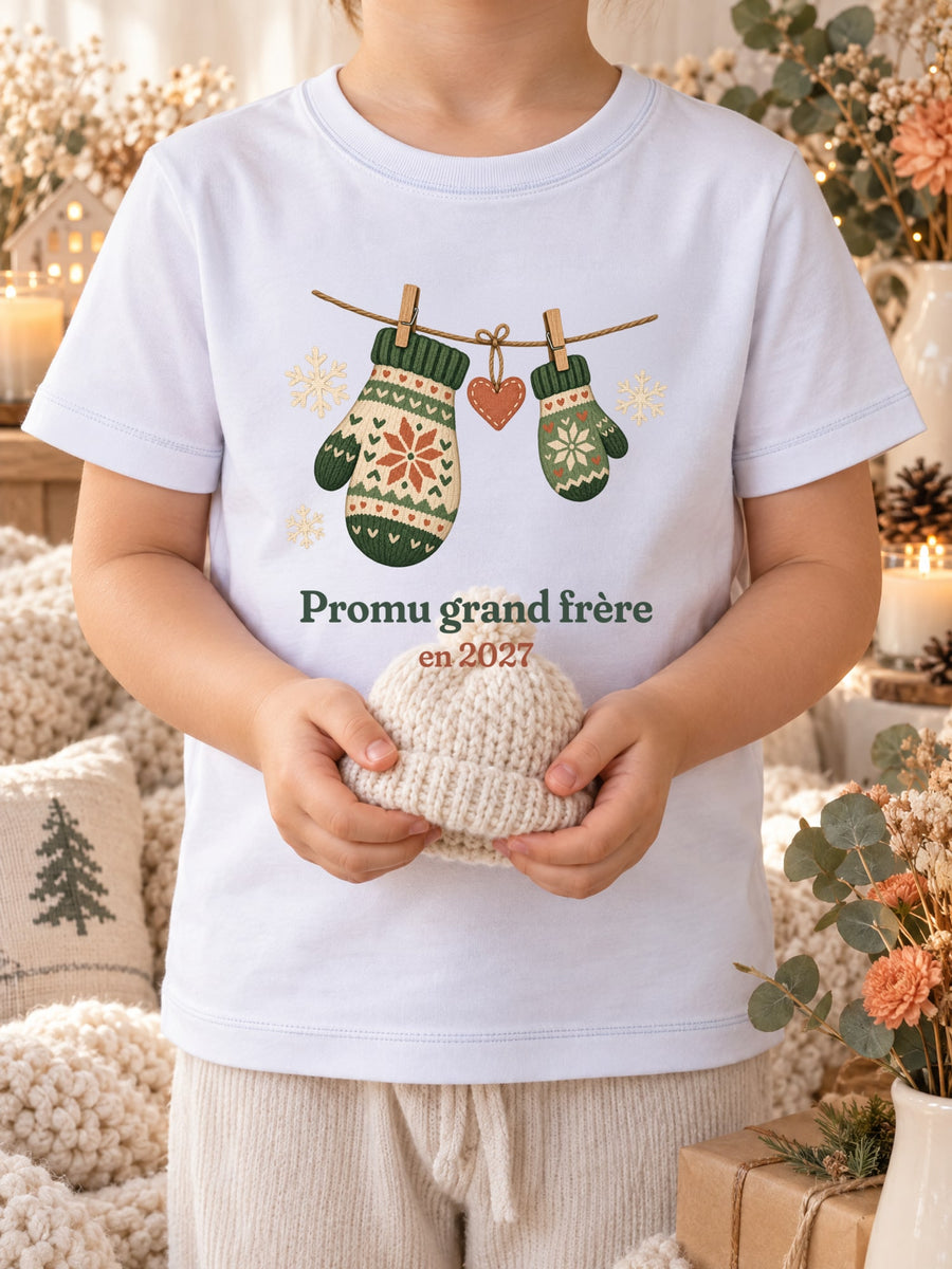 Visuel d’illustration – t-shirt blanc dans une mise en situation, avec le motif deux moufles et « Promu grand frère en 2027 » (exemple)