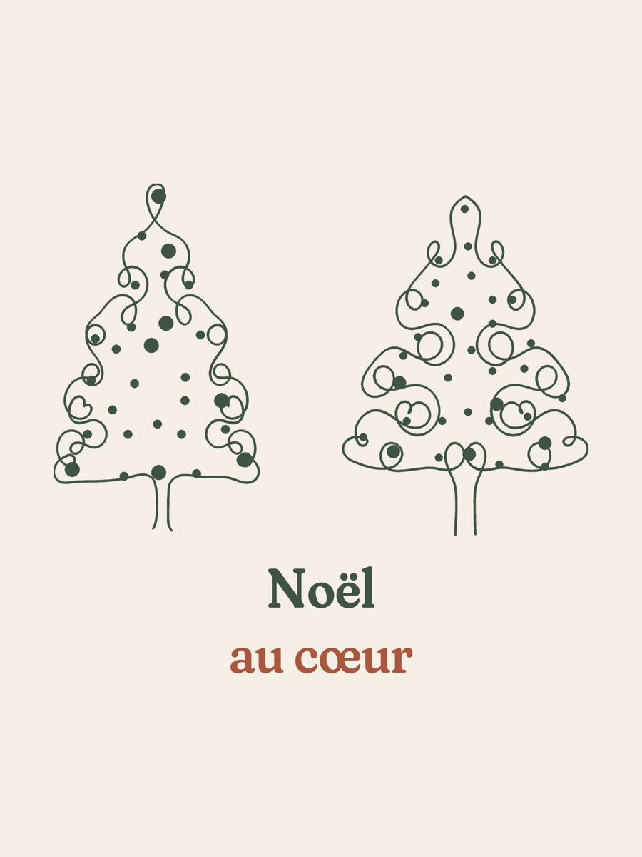 Visuel d’illustration – gros plan du motif : deux sapins de Noël dessinés d’un seul trait, décorés de boules rouges et « Noël au cœur »
