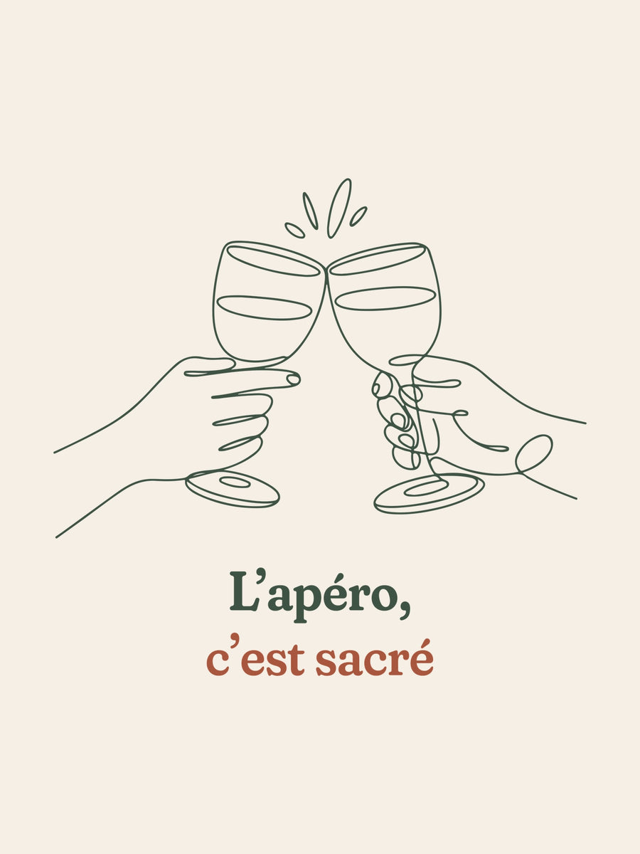 Visuel d’illustration – gros plan du motif : deux mains qui trinquent avec deux verres à vin, dessinées d’un seul trait continu et « L’apéro, c’est sacré »