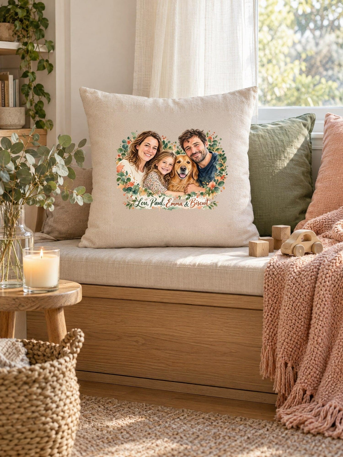 Housse de coussin naturel avec le portrait d’une famille, sur un canapé