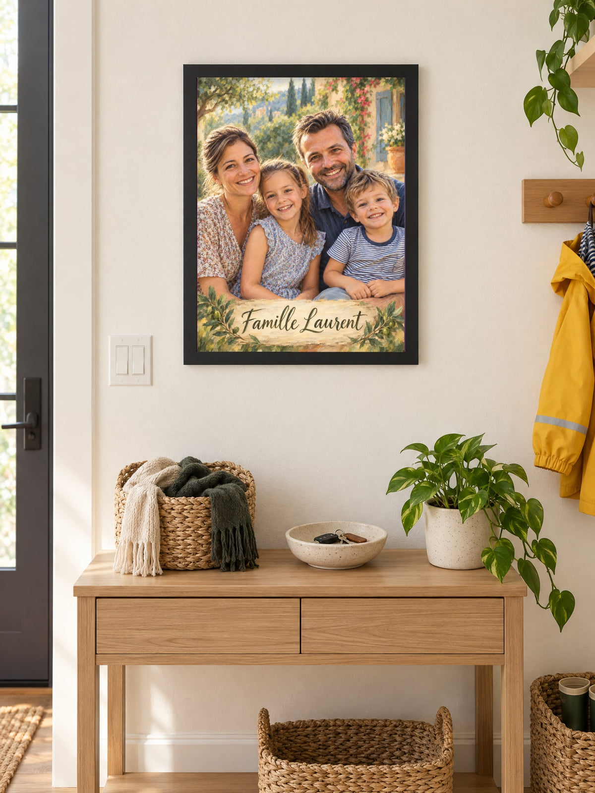 Visuel d’illustration – cadre noir 30 × 40 cm accroché au mur d’une entrée, avec un portrait de famille peint