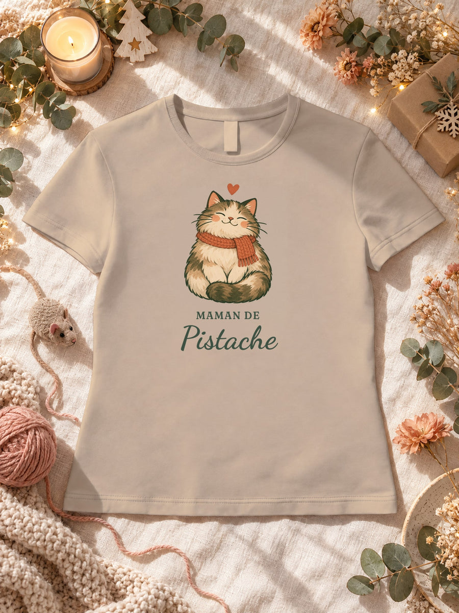 Visuel d’illustration – t-shirt sable dans une mise en situation, avec le motif un chat en écharpe et « Maman de Pistache » (exemple de prénom)