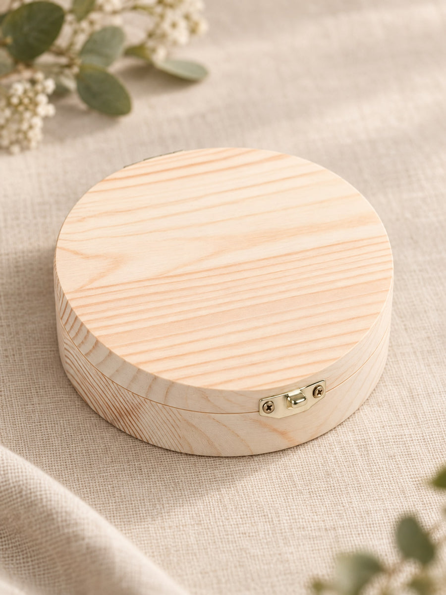 Visuel d’illustration – boîte ronde en bois clair vierge, fermée, sur un lin crème