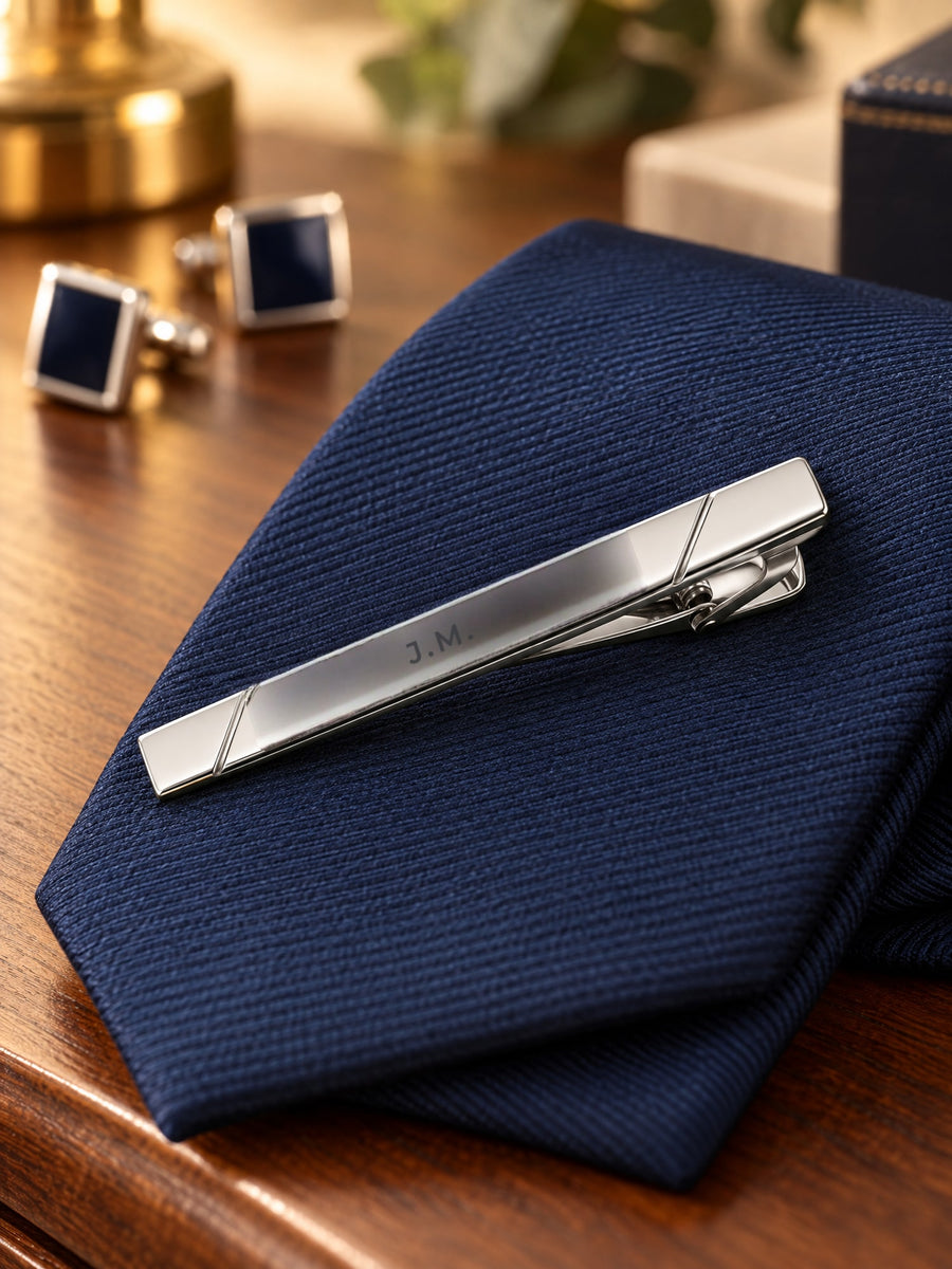 Visuel d’illustration – pince à cravate sur une cravate en soie bleu marine, gravée « J.M. » (exemple)
