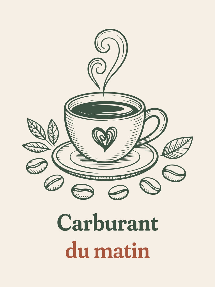 Visuel d’illustration – gros plan du motif : une tasse de café noir à cœur, entourée de feuilles et de grains de café, d’où monte une volute et « Carburant du matin »