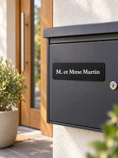 Visuel d’illustration – plaque fixée sur une boîte aux lettres gris foncé près d’une porte en bois, gravée « M. et Mme Martin » (exemple)