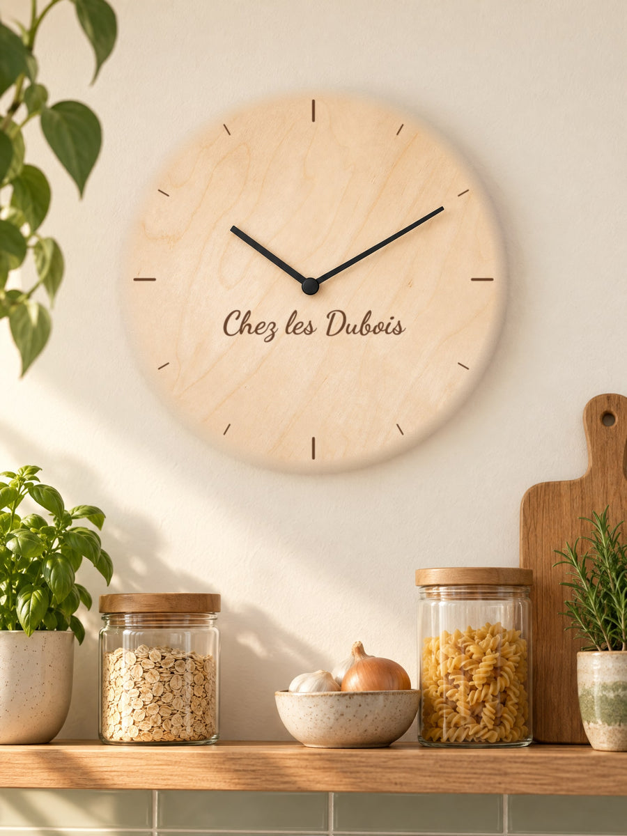 Visuel d’illustration – horloge en bois sur un mur crème de cuisine, gravée « Chez les Dubois » (exemple)