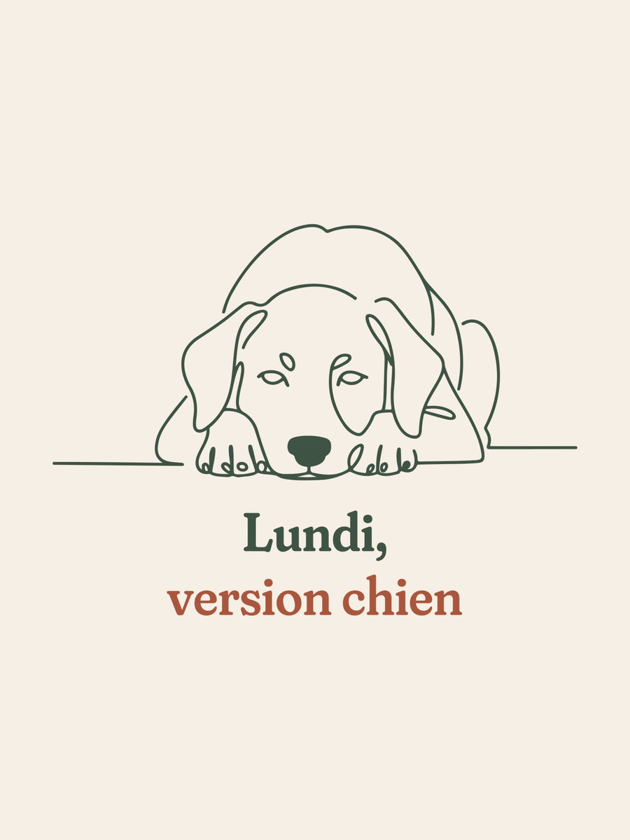 Visuel d’illustration – gros plan du motif : un chien allongé, la tête posée sur les pattes, l’air de bouder, dessiné d’un seul trait continu et « Lundi, version chien »