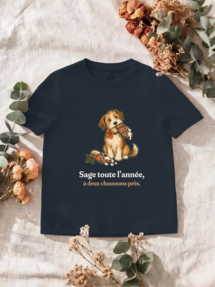 Visuel d’illustration – T-shirt homme navy avec le motif de Noël : un chien assis, un chausson dans la gueule, et la phrase « Sage toute l’année, à deux chaussons près. »