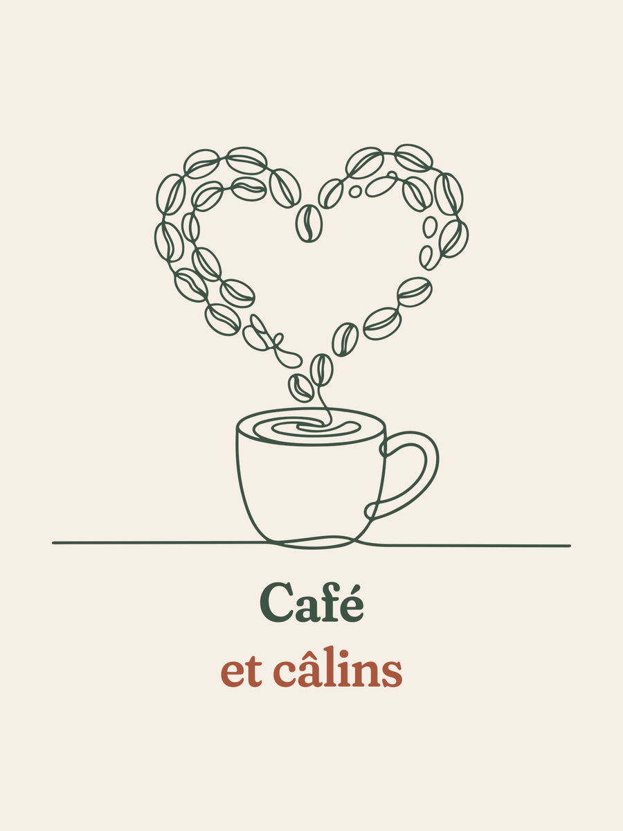 Visuel d’illustration – gros plan du motif : une tasse de café d’où s’échappe un cœur dessiné en grains de café et « Café et câlins »