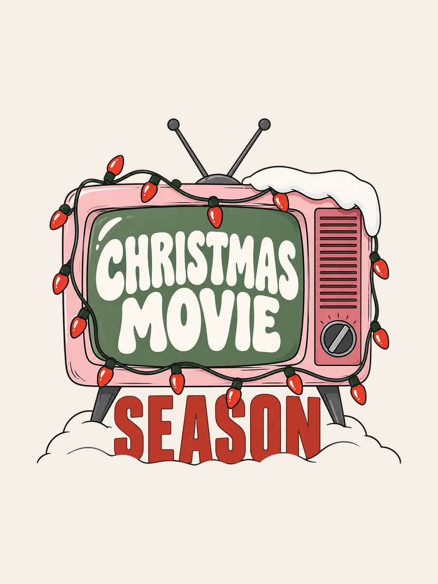 Visuel d’illustration – gros plan du motif : la télé rétro rose et sa guirlande, « Christmas Movie Season »