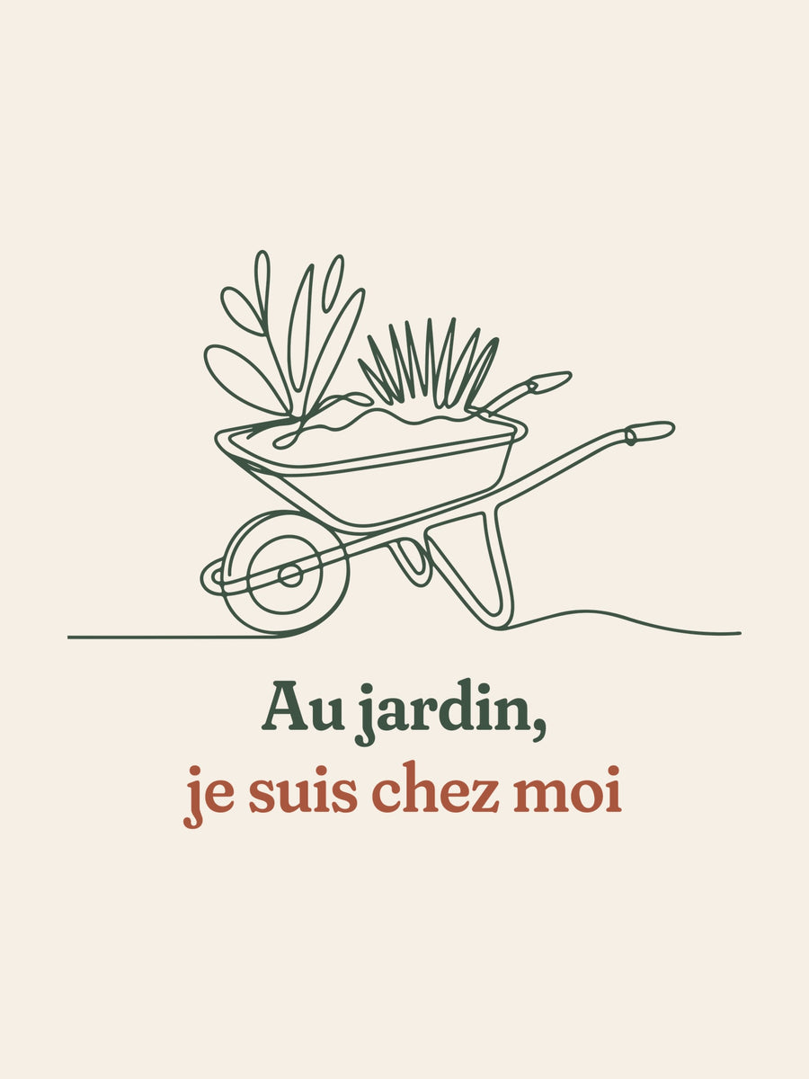 Visuel d’illustration – gros plan du motif : une brouette remplie de plantes, dessinée d’un seul trait continu et « Au jardin, je suis chez moi »