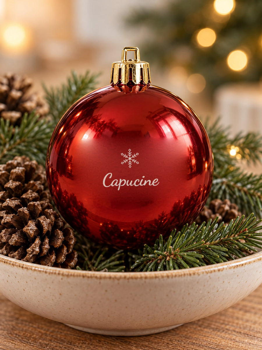 Visuel d’illustration – boules de Noël gravées de prénoms d’exemple dans une coupe