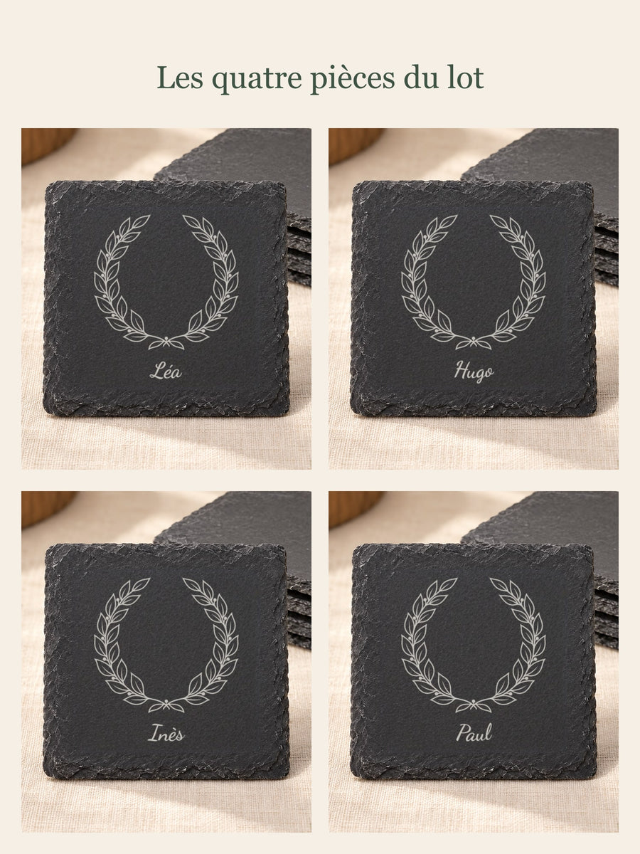 Visuel d’illustration – les quatre sous-verres du lot gravés de quatre prénoms d’exemple