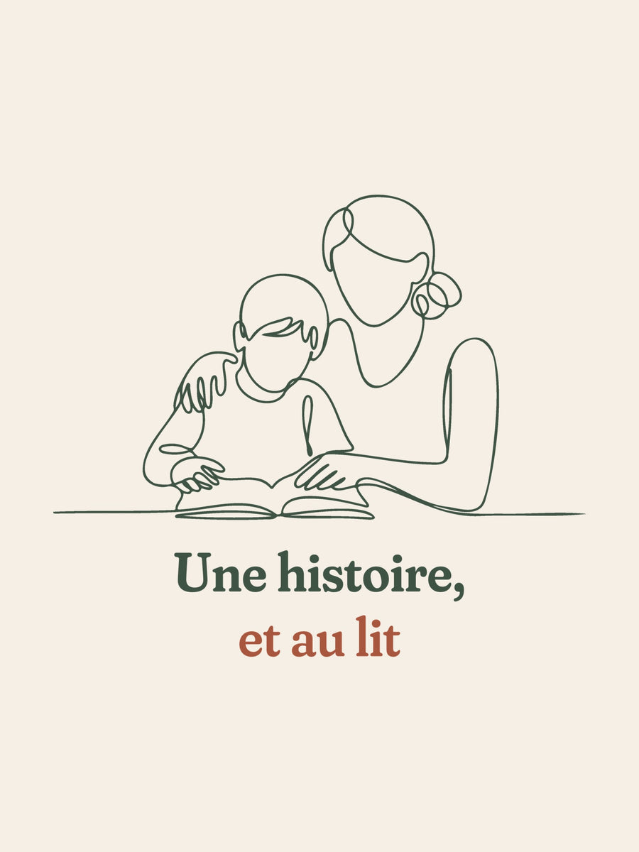 Visuel d’illustration – gros plan du motif : une maman qui lit une histoire à son enfant, dessinée d’un seul trait continu et « Une histoire, et au lit »