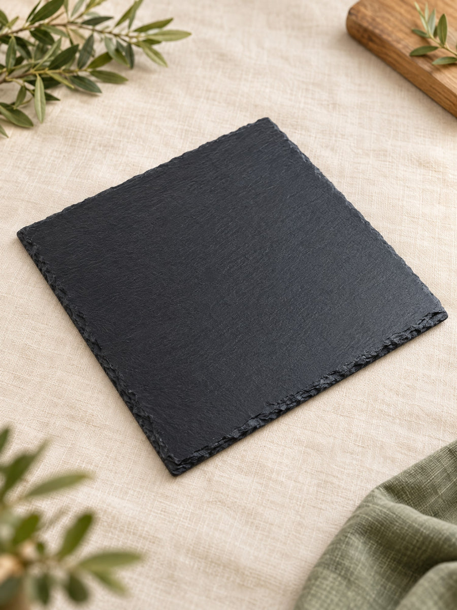 Visuel d’illustration – plaque d’ardoise carrée vierge de 30 × 30 cm, posée sur un lin crème