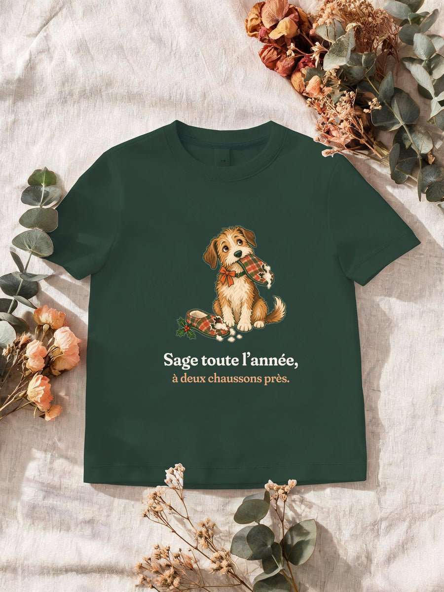 Visuel d’illustration – T-shirt homme vert forêt avec le motif de Noël : un chien assis, un chausson dans la gueule, et la phrase « Sage toute l’année, à deux chaussons près. »