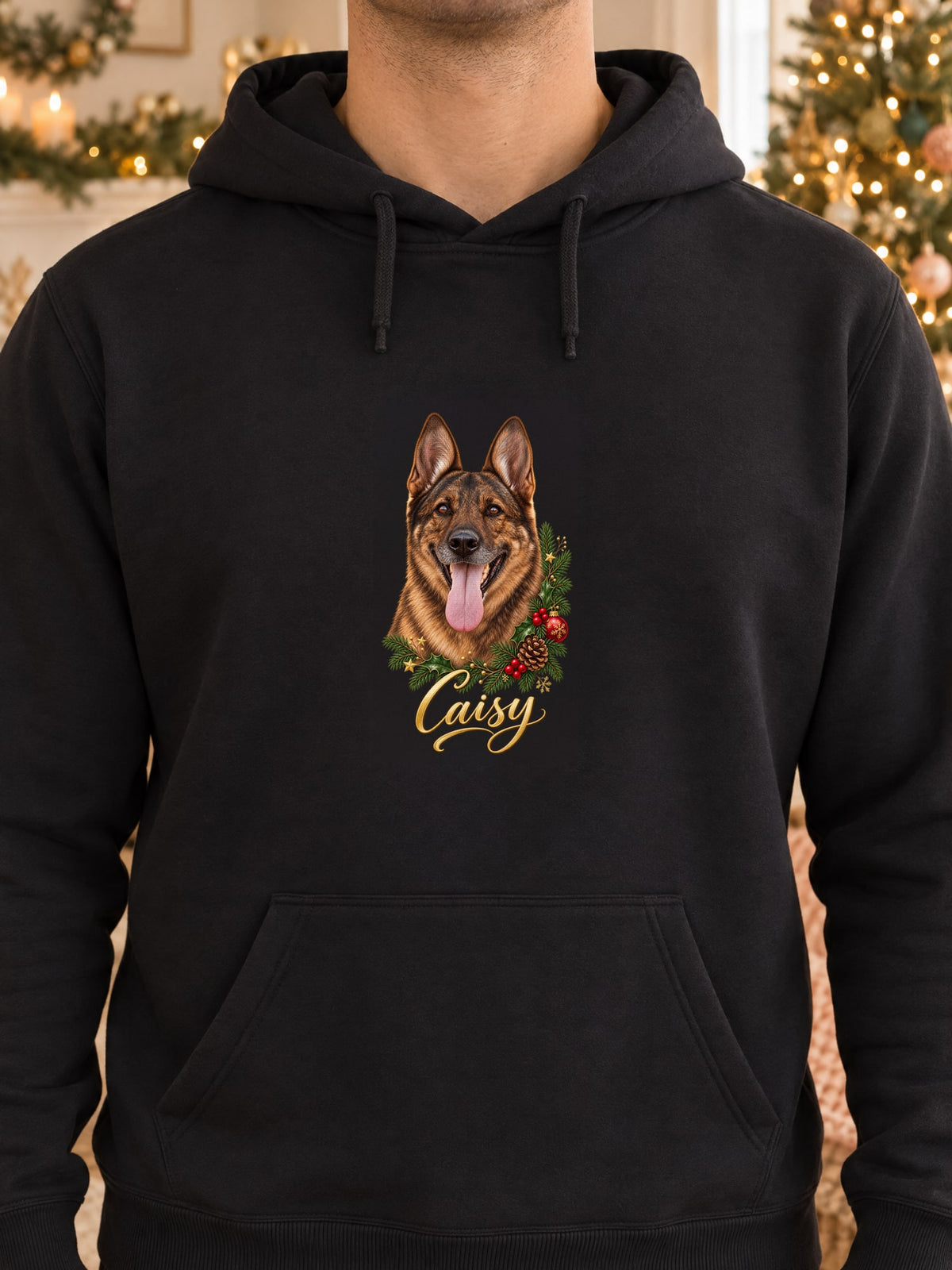 Sweat à capuche noir avec le portrait d’un berger allemand entouré d’une couronne de Noël