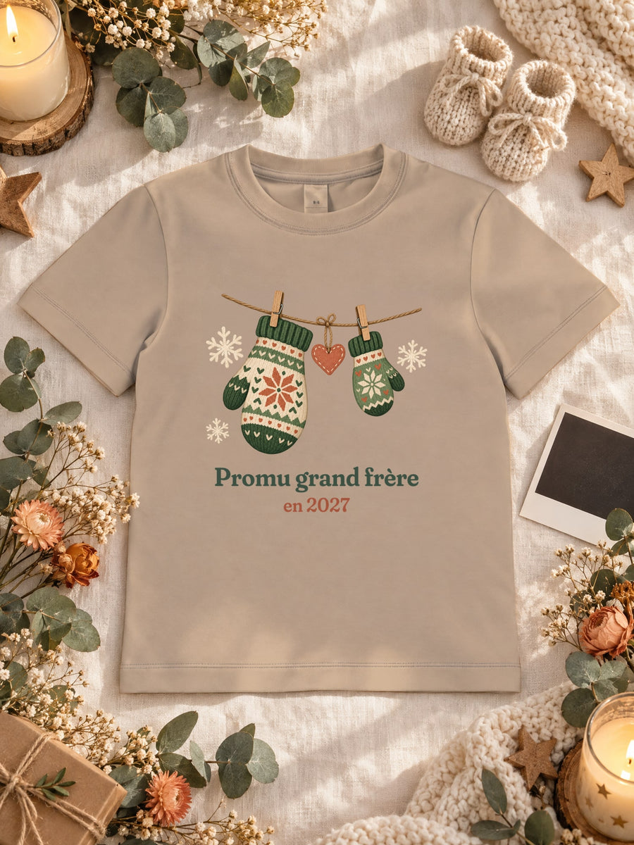 Visuel d’illustration – t-shirt sable dans une mise en situation, avec le motif deux moufles et « Promu grand frère en 2027 » (exemple)