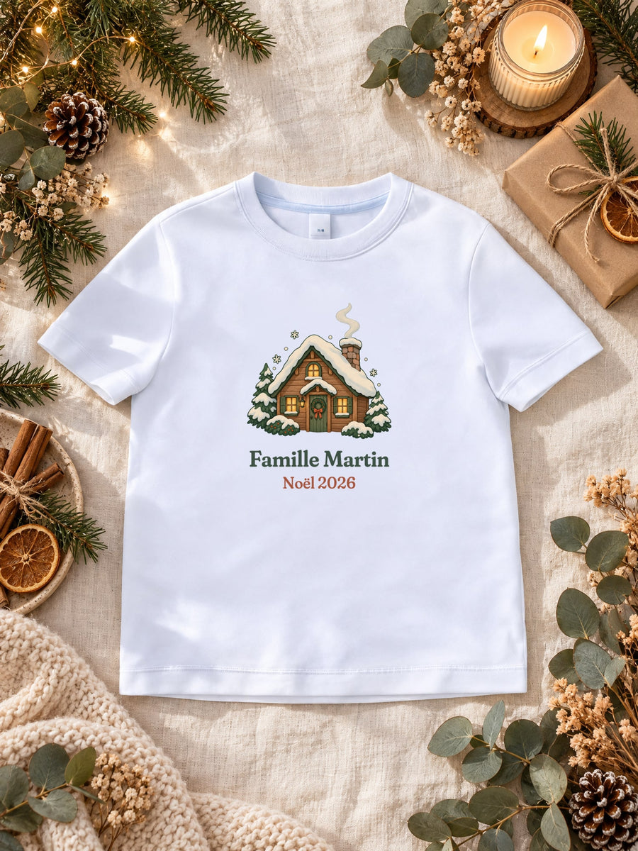 Visuel d’illustration – t-shirt blanc dans une mise en situation, avec le motif un chalet sous la neige et « Famille Martin · Noël 2026 » (exemple de nom)