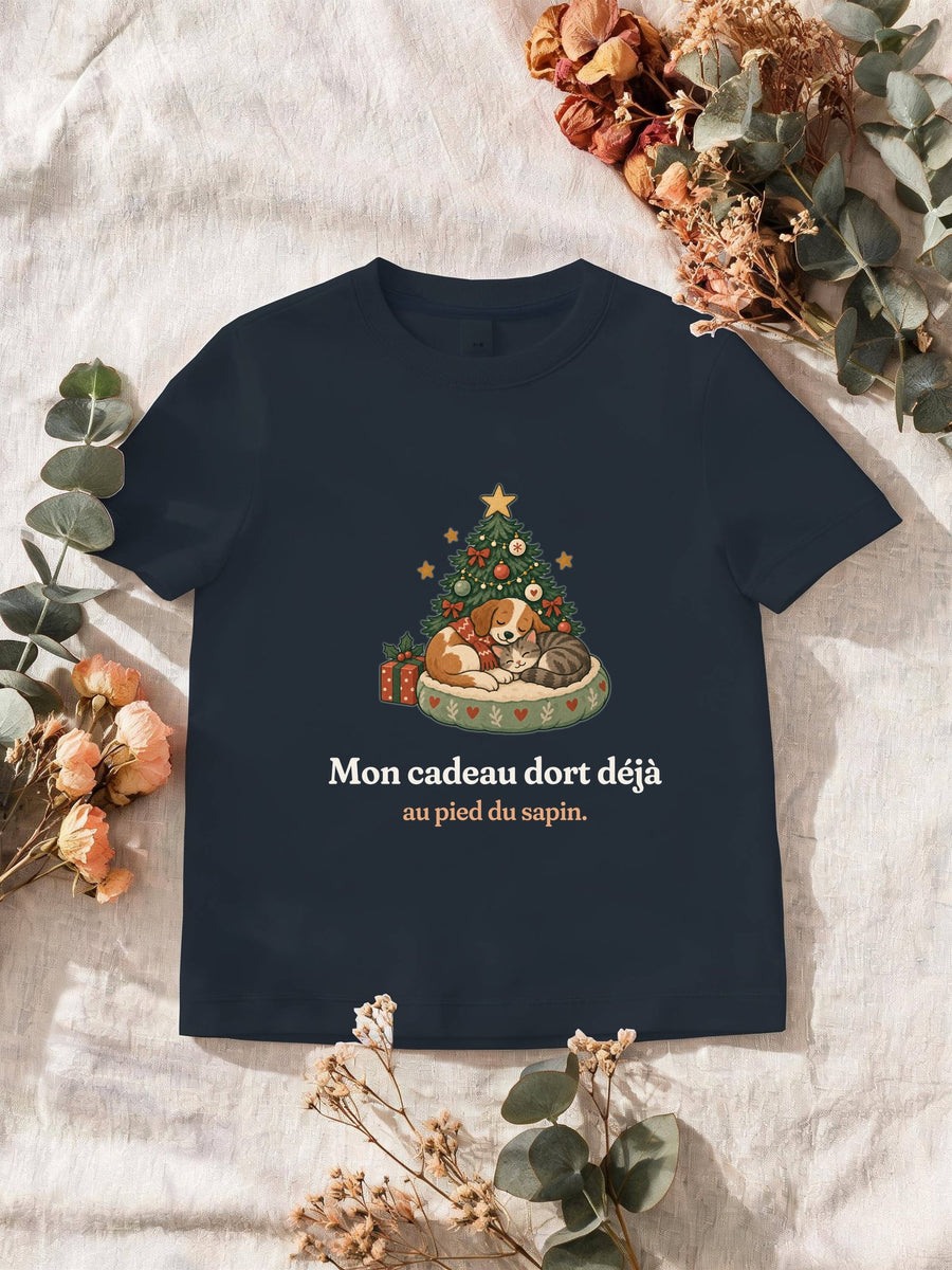 Visuel d’illustration – T-shirt homme navy avec le motif de Noël : un chien et un chat endormis au pied d’un petit sapin et la phrase « Mon cadeau dort déjà au pied du sapin. »