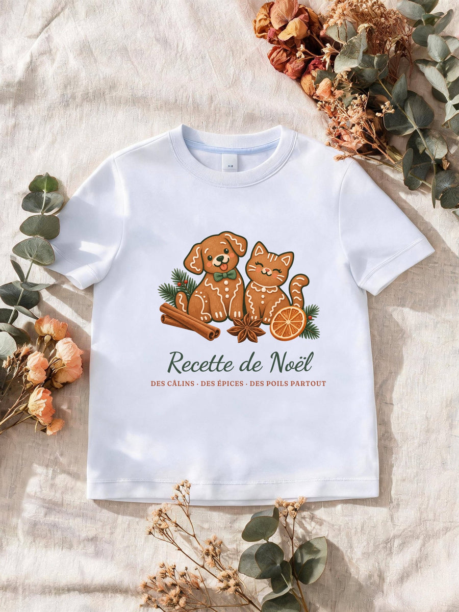 Visuel d’illustration – T-shirt homme blanc avec le motif de Noël : deux biscuits de pain d’épices en forme de chien et de chat et le texte « Recette de Noël : des câlins, des épices, des poils partout »
