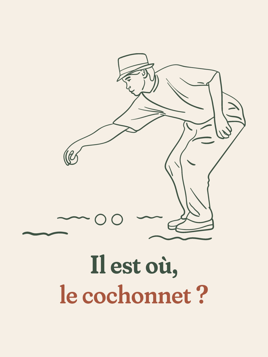 Visuel d’illustration – gros plan du motif : un joueur de pétanque coiffé d’un chapeau, penché pour pointer, dessiné au trait et « Il est où, le cochonnet ? »