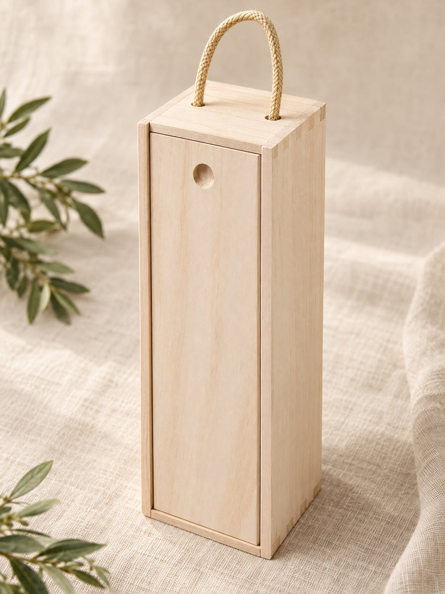 Visuel d’illustration – caisse à vin en bois naturel vierge à couvercle coulissant et poignée en corde, fermée, sur un lin crème