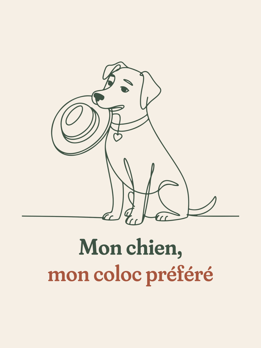 Visuel d’illustration – gros plan du motif : un chien assis qui tient un chapeau dans la gueule, dessiné d’un seul trait continu et « Mon chien, mon coloc préféré »