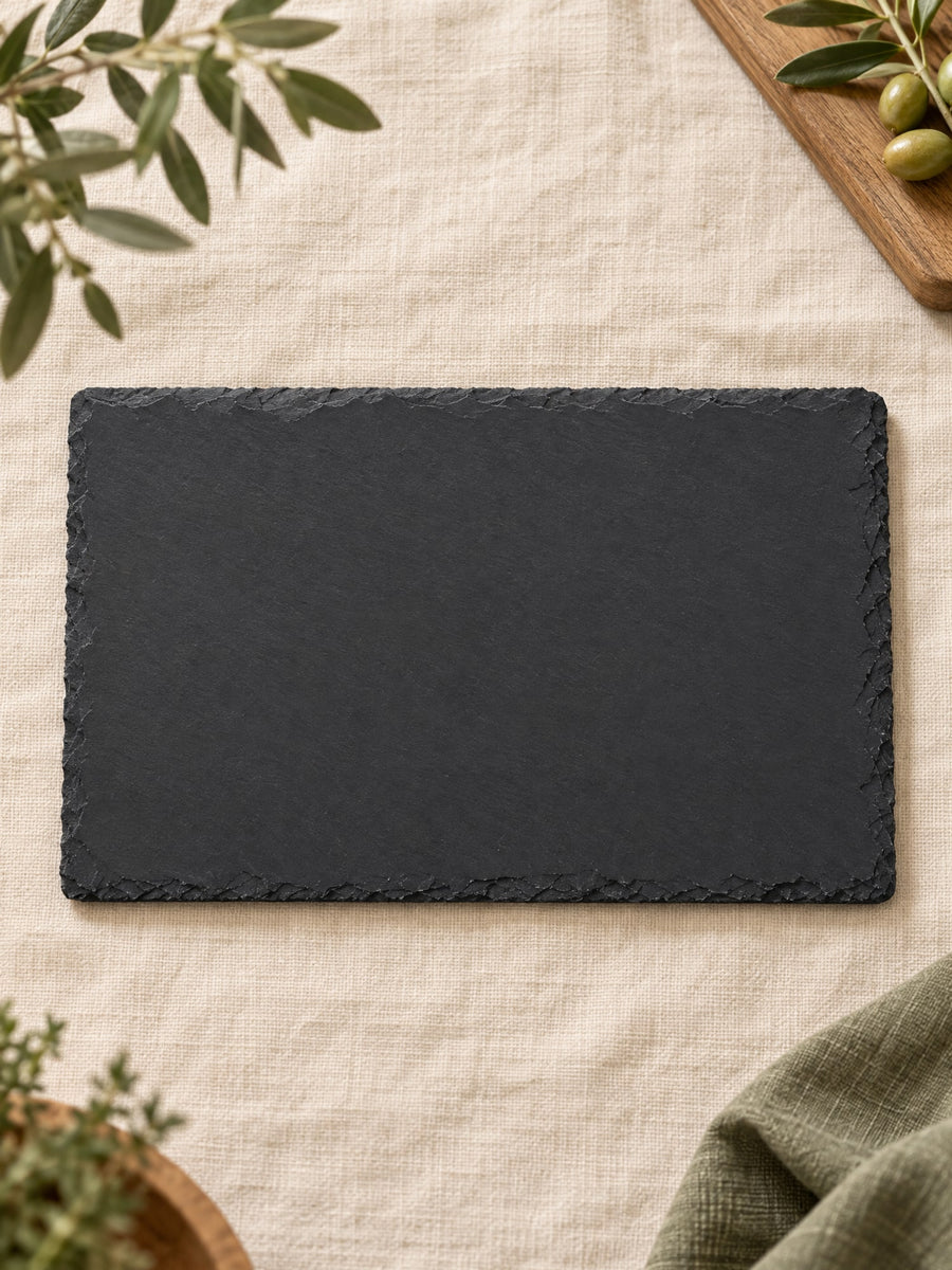 Visuel d’illustration – plaque rectangulaire en ardoise naturelle vierge posée sur un lin crème