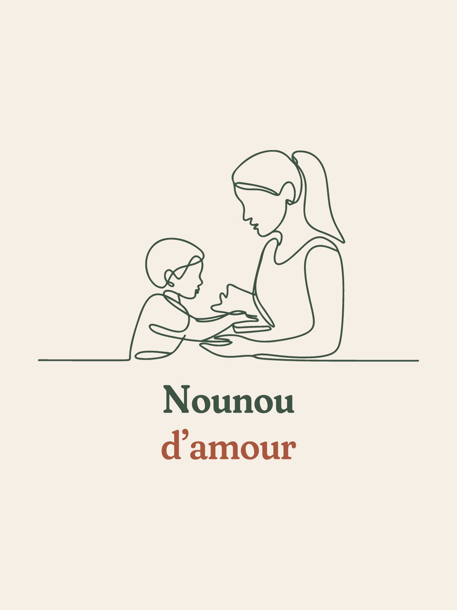Visuel d’illustration – gros plan du motif : une femme qui joue avec un jeune enfant, dessinée d’un seul trait continu et « Nounou d’amour »