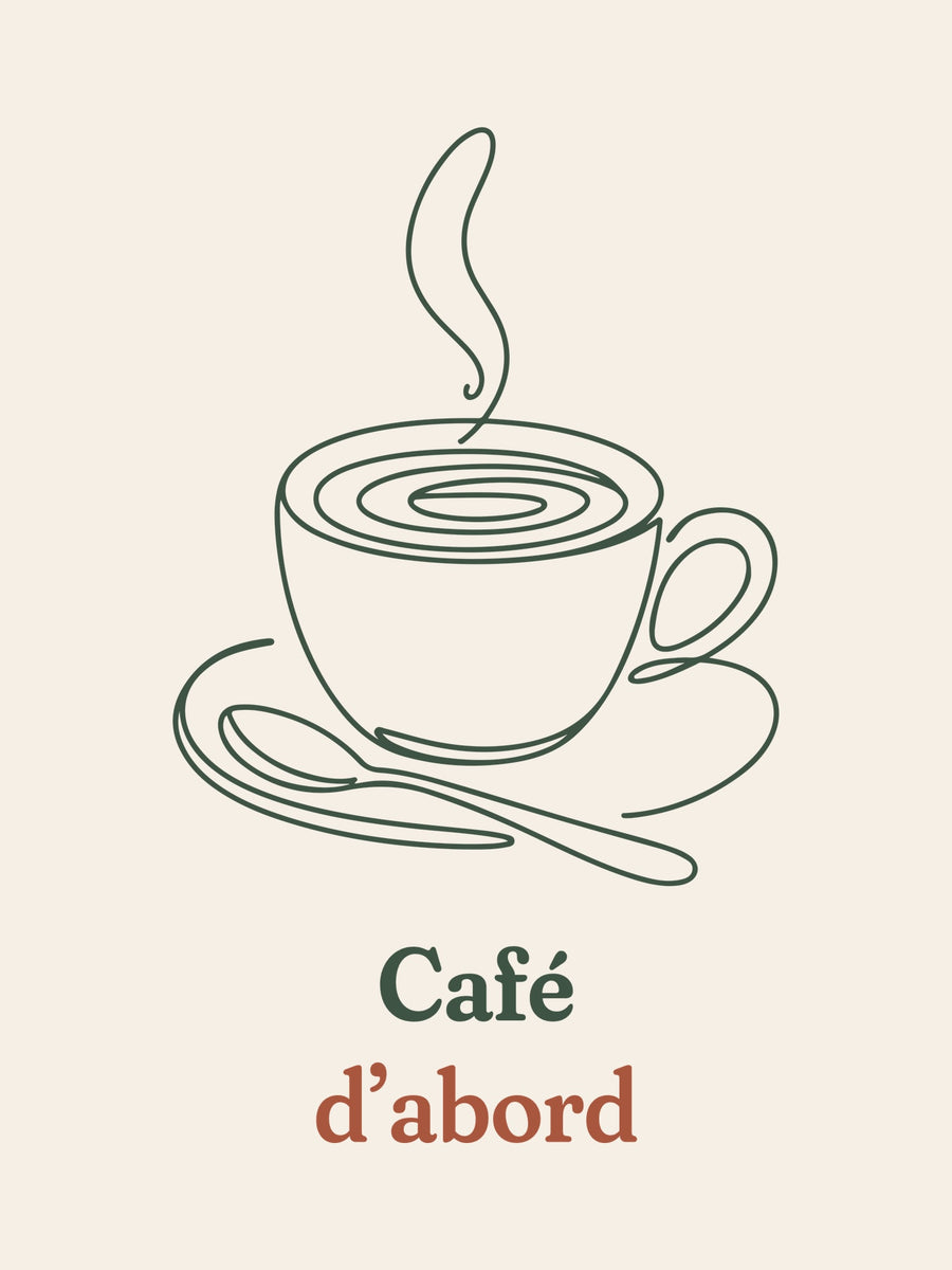Visuel d’illustration – gros plan du motif : une tasse de café fumante sur sa soucoupe, avec sa cuillère, dessinée d’un seul trait continu et « Café d’abord »