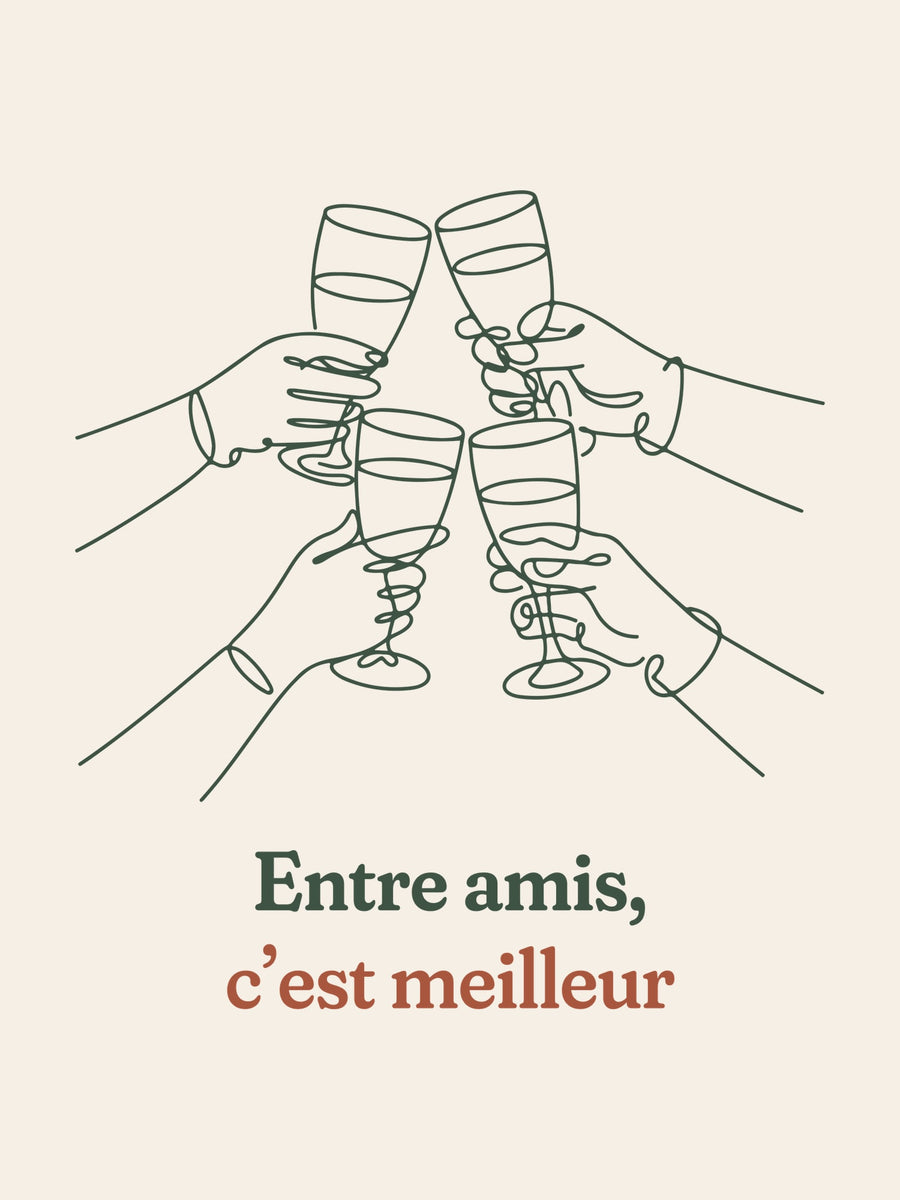 Visuel d’illustration – gros plan du motif : quatre mains qui trinquent ensemble, dessinées d’un seul trait continu et « Entre amis, c’est meilleur »