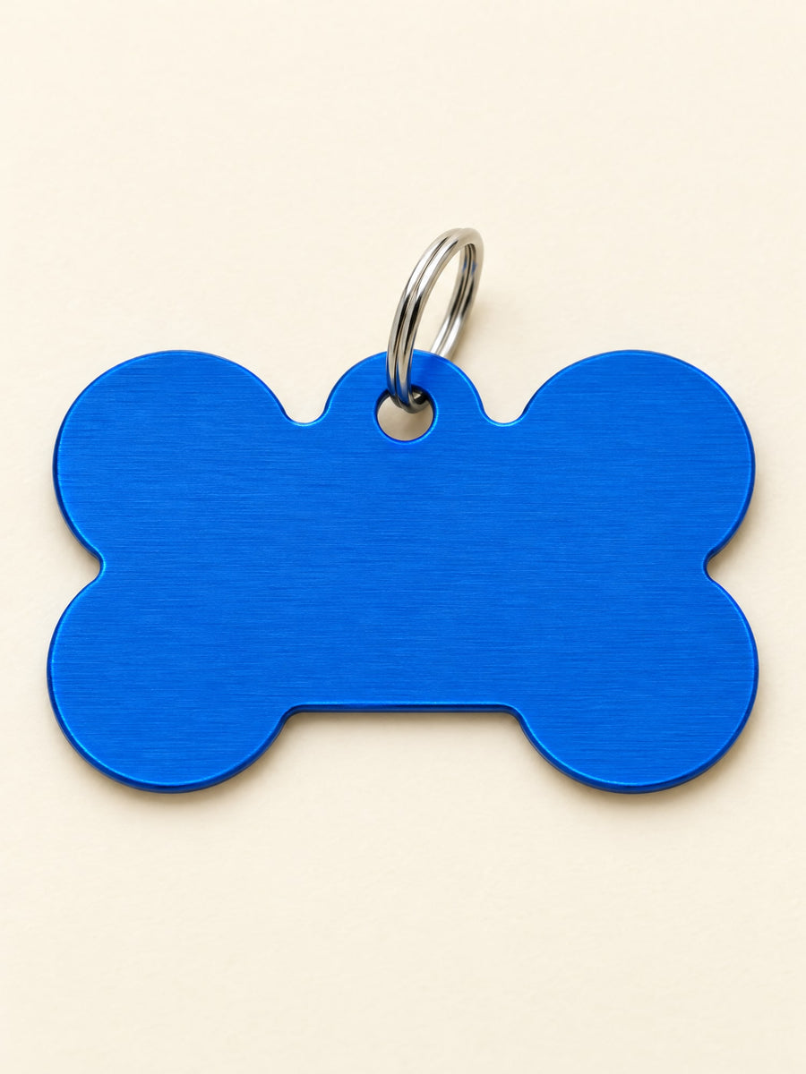 Médaille d’identité gravée pour chien ou chat, os en aluminium anodisé bleu roi 38 × 25 mm, vierge, avec son anneau – visuel d’illustration