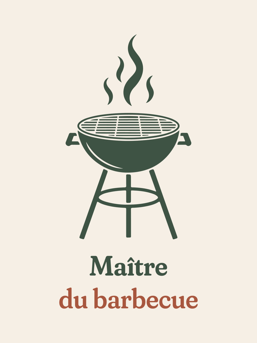 Visuel d’illustration – gros plan du motif : un barbecue rond sur pieds, flammes au-dessus de la grille, en silhouette et « Maître du barbecue »