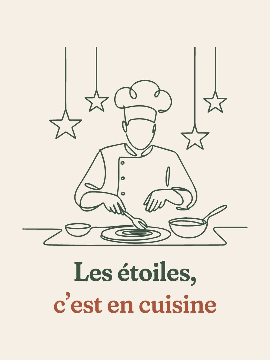 Visuel d’illustration – gros plan du motif : un cuisinier en toque qui dresse une assiette sous des étoiles suspendues, dessiné d’un seul trait et « Les étoiles, c’est en cuisine »