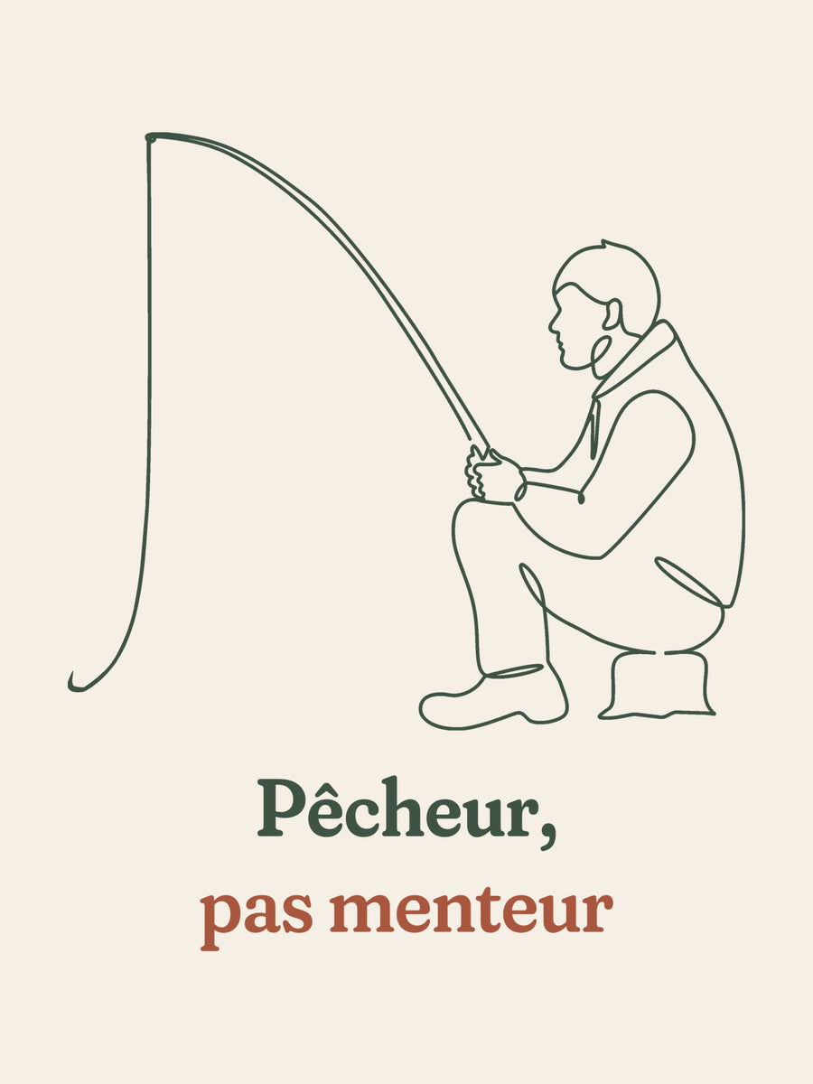 Visuel d’illustration – gros plan du motif : un pêcheur accroupi avec sa canne, dessiné d’un seul trait continu et « Pêcheur, pas menteur »