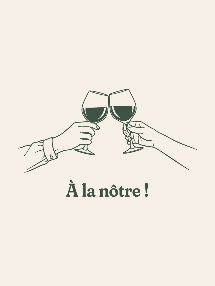Visuel d’illustration – gros plan du motif : deux mains qui trinquent avec deux verres de vin, au trait et « À la nôtre ! »