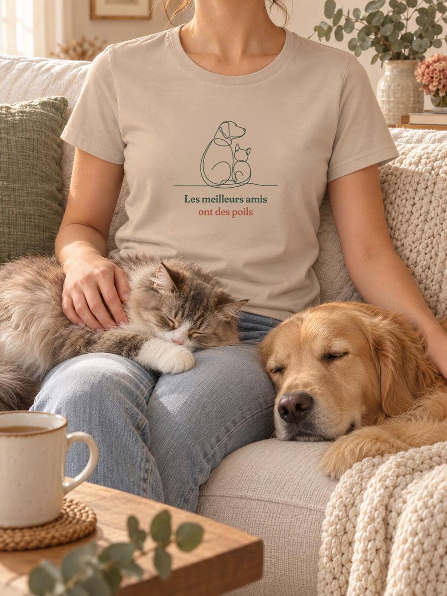 Visuel d’illustration – t-shirt dans une mise en situation, avec le motif un chien et un chat assis l’un contre l’autre, de dos, dessinés d’un seul trait continu et « Les meilleurs amis ont des poils »