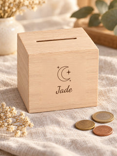Visuel d’illustration – tirelire en bois sur un lin avec trois pièces, gravée « Jade » (exemple)