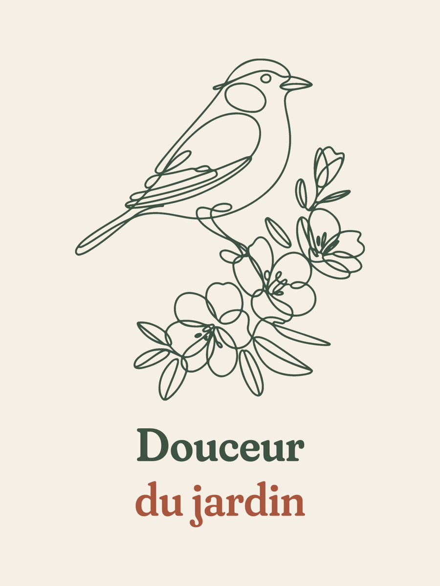 Visuel d’illustration – gros plan du motif : un oiseau posé sur une branche fleurie, dessiné d’un seul trait continu et « Douceur du jardin »