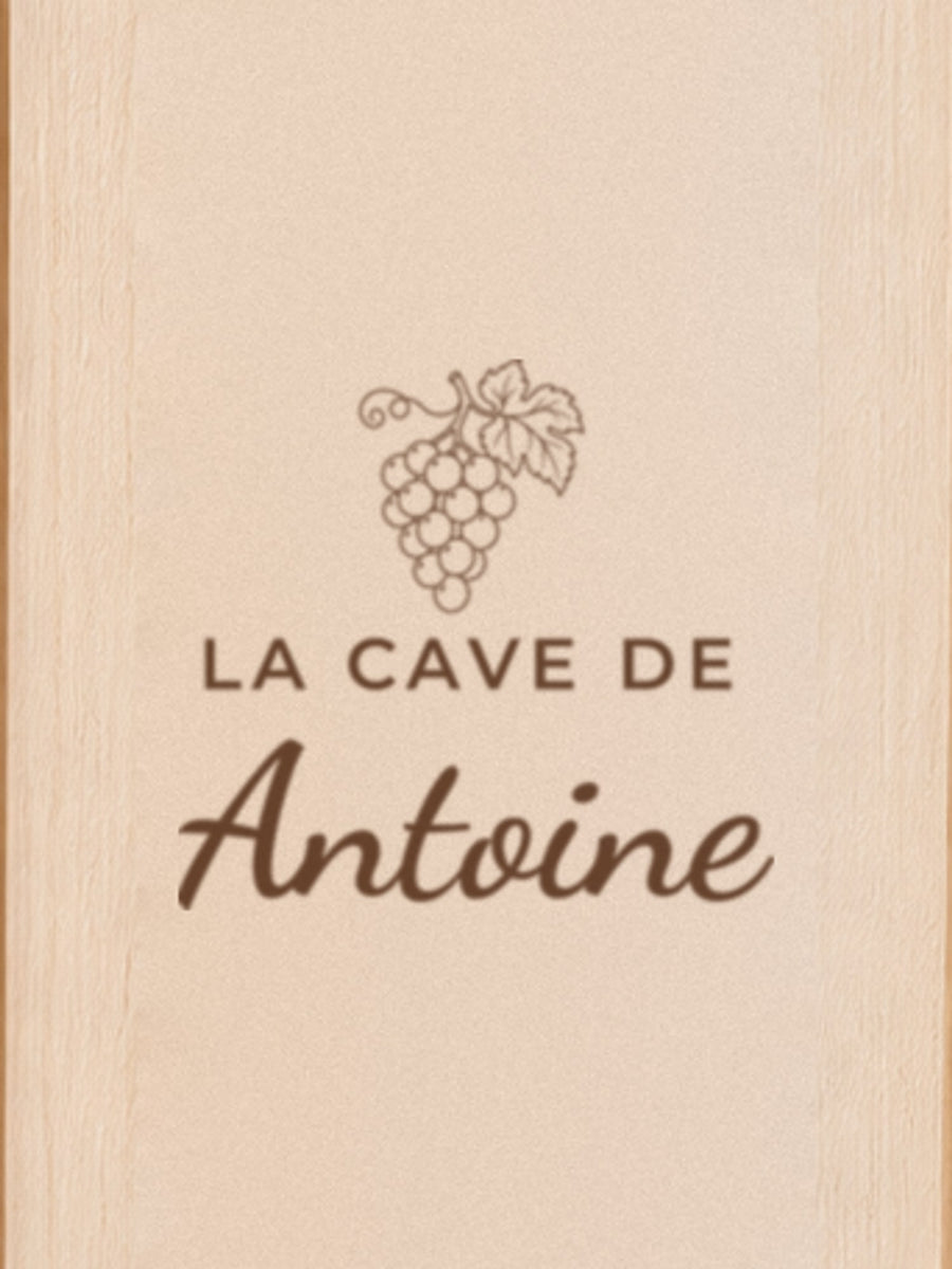 Visuel d’illustration – gros plan de la gravure sur le couvercle : grappe et « La cave de Antoine »